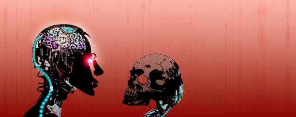 AI is a threat to humans. Artificial Intelligence, godlike, can potentially destroy the human race and extinction risk. Red-eye robots' hand holding a dead skull on red binary code background