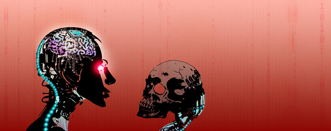 AI is a threat to humans. Artificial Intelligence, godlike, can potentially destroy the human race and extinction risk. Red-eye robots' hand holding a dead skull on red binary code background