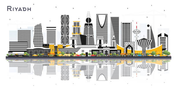 illustrations, cliparts, dessins animés et icônes de riyad arabie saoudite city skyline avec des bâtiments en couleur et des reflets isolés sur blanc. - saudi arabia riyadh arabia tower