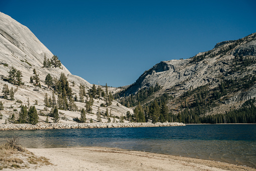 Yosemite Park. Sun glare in the water of the Lake Tenaya. High quality photo