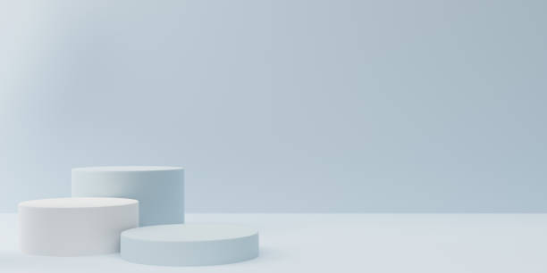 istock Empty light blue clean room with set of three steps 3D cylinder podium pedestal or product display stand. 3d rendering 1500483640