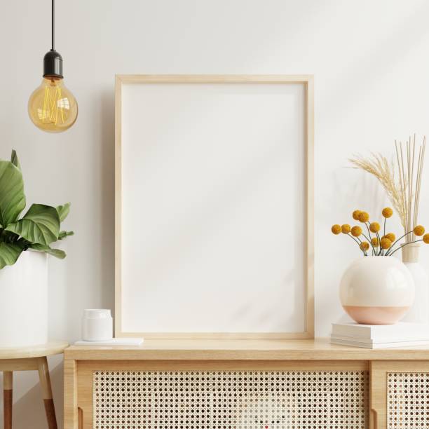 istock Mockup poster frame close up in cozy white interior background. 1500485311