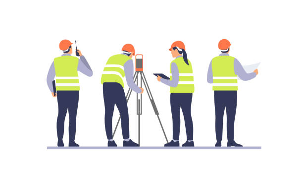 Construction and repair. Engineers team on the construction site. Vector illustration. Construction and repair. Business team in protective helmets discussing construction project. Surveyor engineers with equipment, theodolite or total positioning station on the construction site. Vector illustration for mobile and web graphics. engineer stock illustrations