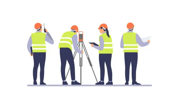 Vector illustration of Construction and repair. Engineers team on the construction site. Vector illustration.