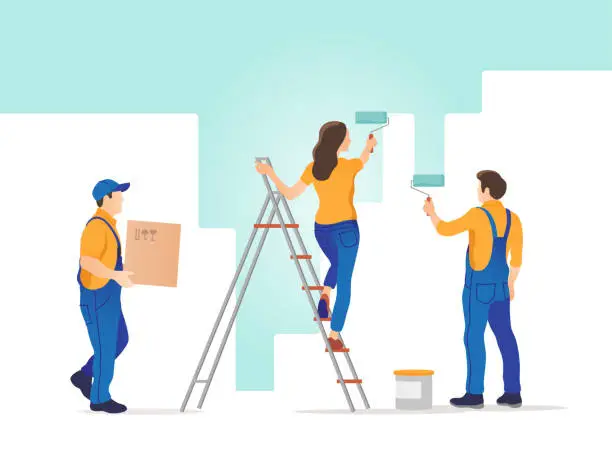 Vector illustration of House repair. People painting the wall at home. Vector illustration.