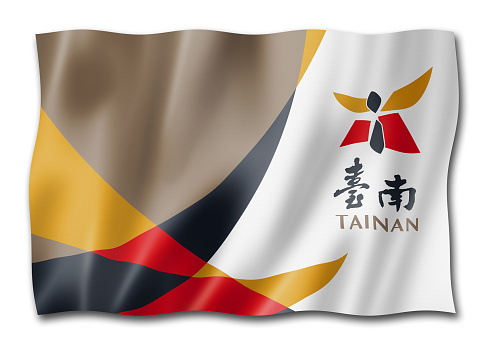 Tainan new city flag, China waving banner collection. 3D illustration