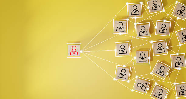 istock Wooden cube block print screen person icon which link connection network for organisation structure social network and teamwork concept. 1500489157