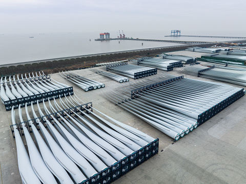 Aerial shot above a large group of objects at a commercial dock shanghai china