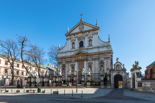 Krakow, Poland - March 11, 2022: The St. Peter and St. Pauls Church facade in a spring day in Krakow, Poland.