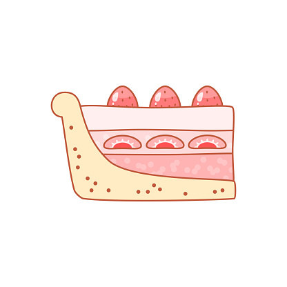 Flat cartoon illustration of a slice of cake with berries isolated on a white background. Vector 10 EPS.