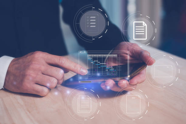 istock Document data system Report HR technology Concept, Businessman Manager typing on smartphone checking white documents reports papers of files icon in modern office, paperless documents 1500494380
