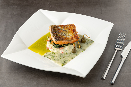 Grilled salmon fillet with vegetable mix on a white porcelain plate