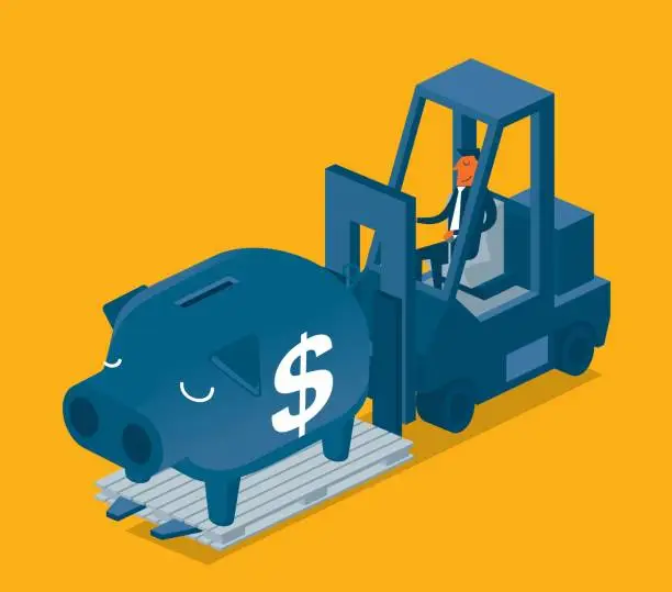 Vector illustration of Fork lift truck lifts up coin bank