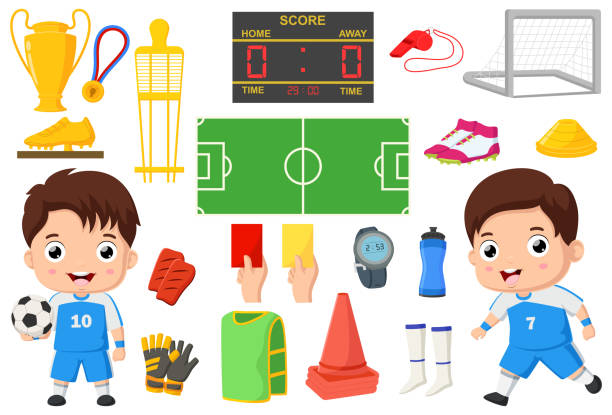 niedliche kinderkarikatur mit fußballspielsportelement - humor athlete trophy one person stock-grafiken, -clipart, -cartoons und -symbole