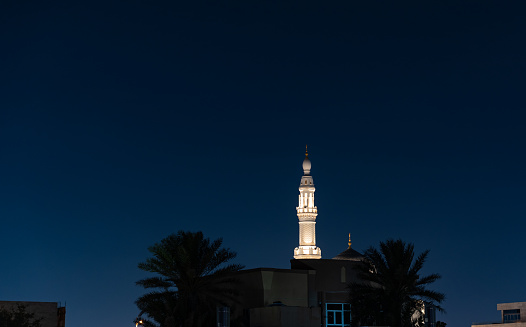 Dubai, Deira, United Arab Emirates - April 2023: Mosque at night. Religious place to pray. The tower is illuminated. Palms in the foreground.
