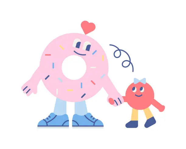 Vector illustration of Cute shape characters. A mother donut figure and a child prototype are holding hands and looking at each other.