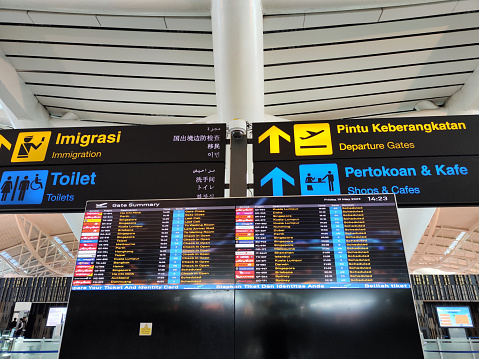 Gate information summary screen at Ngurah Rai International Airport, the main airport in Bali, located 13 km south of Denpasar.