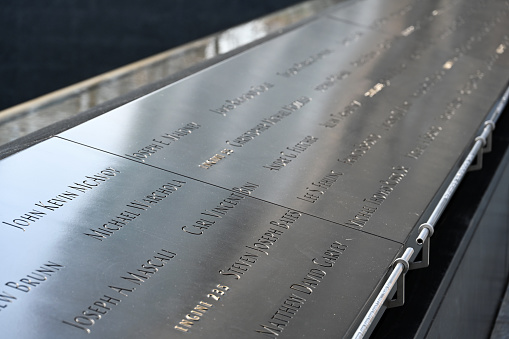 New York, USA, April 6, 2023 - The 9/11 Memorial South Pool / National September 11 Memorial in New York, USA.