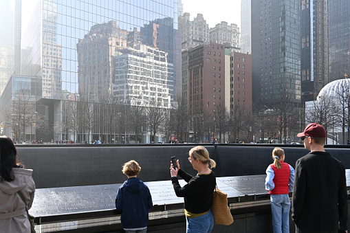 New York, USA, April 6, 2023 - The 9/11 Memorial South Pool / National September 11 Memorial in New York, USA.