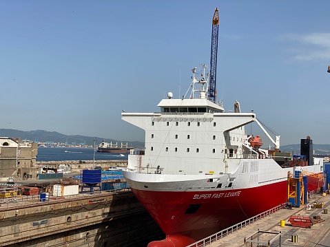 The roll on/roll off ferry, Super Fast Levante in dry dock in Gibraltar