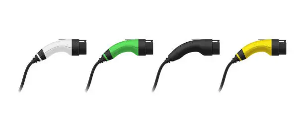 Vector illustration of Electric car charging plug transportation alternative electricity fuel set realistic vector