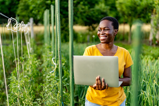 A female technician is working on a laptop