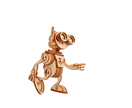 walking robot made of wood on a white background. side view