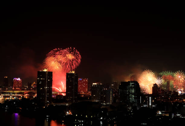 Firework lighting in bangkok cityscape background, Thailand.Night view and firework.