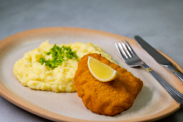 Typical Czech cuisine chicken cutlet with mashed potatoes
