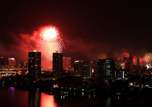 Firework lighting in bangkok cityscape background, Thailand.Night view and firework.