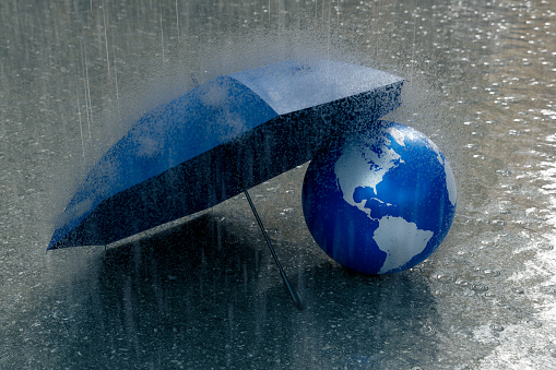 Earth under an umbrella after a global downpour, 3d rendering