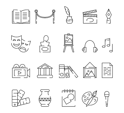 Museum art. Paint artist icons. Line sculpture or statue. Visual antique symbols. Theater and cinema. Sculptor or creator masterpieces. Palette and paintbrush. Vector outline garish pictograms set