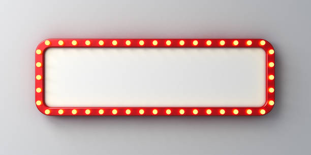 istock Long retro billboard or blank shining signboard with glowing yellow neon light bulbs isolated on white wall background with shadow 3D rendering 1500506219