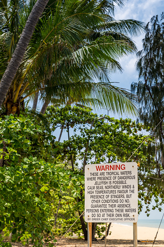 Warning Sign with long Text about Jellyfish (Stingers) in Queensland, Australia