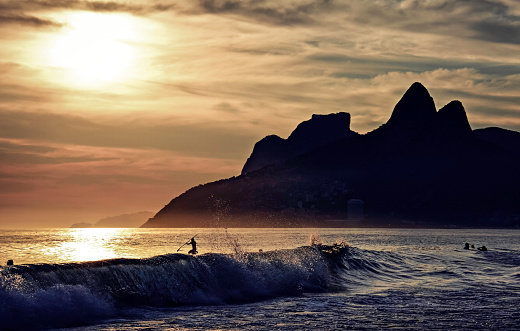 Sunset in Ipanema Beach, seen from Arpoador Rock in Rio de Janeiro, Brazil.