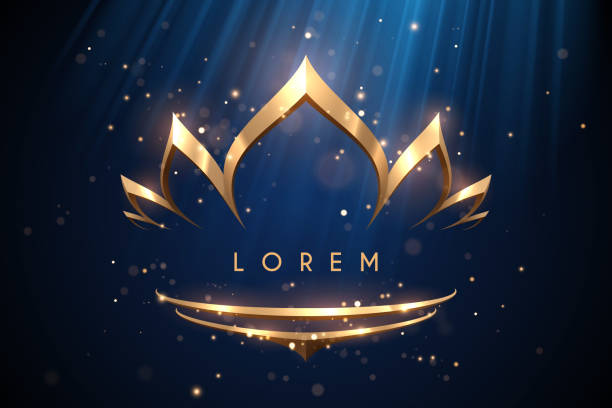 ilustrações de stock, clip art, desenhos animados e ícones de golden crown template on blue light background - crown king queen gold
