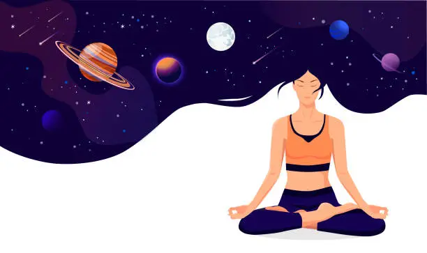 Vector illustration of Woman dream in cosmos universe. Character of girl with galaxy space in her hair. Dreaming in metaverse reality. Astronomy horoscope concept. Mental mind relaxation in yoga pose. Vector illustration