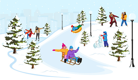 People walking in snowy town park in winter holidays. Skaters couple on frozen lake ice. Man and woman playing snowballs. Kids sliding on sled and tubing. Little boy made snowman. Vector illustration