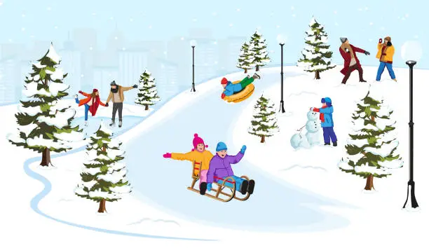 Vector illustration of People walking in snowy town park in winter holidays. Skaters couple on frozen lake ice. Man and woman playing snowballs. Kids sliding on sled and tubing. Little boy made snowman. Vector illustration