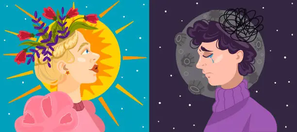 Vector illustration of Mental health idea poster. Sunny day is positive thinking concept. Happy woman head with flowers inside brain. Concept of mental disorder, sorrow and depression at full moon night. Vector illustration
