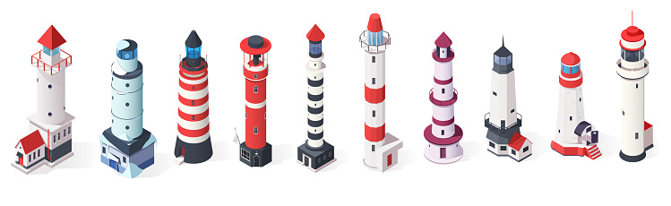 Lighthouses set in isometric 3d style. Traditional coastline architecture buildings isolated on white background. Different design of coast beacons. Sea port navigation buildings. Vector illustration
