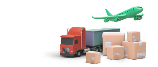 istock Composition of 3D plane, truck, pile of boxes. Vector illustration for advertising transportation 1500511251