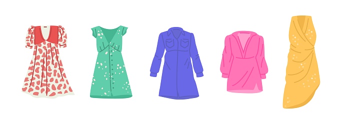 Set of different women s dresses on a white background. Flat vector illustration.