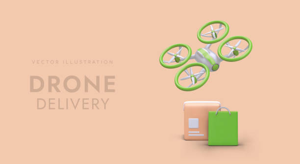 istock Cartoon drone, shopping bag and parcel. Concept of fast goods air delivery using controlled aircraft 1500511382