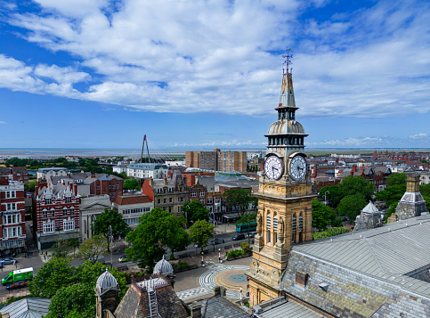 Southport, Lancashire, UK, June 19, 2023; aerial view of the historical clock tower of The Atkinson Gallery on Lord Street in Southport, England, UK