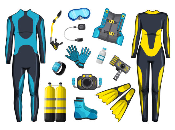 スキューバダイビングギアとアクセサリーのセット。水中での冒険のための機器。ウェットスーツ、スキューバマスク、シュノーケル、フィン、酸素ボンベ、レギュレーター。探検家の生物� - oxygen tank underwater diving diving wetsuit点のイラスト素材／クリップアート素材／マンガ素材／アイコン素材
