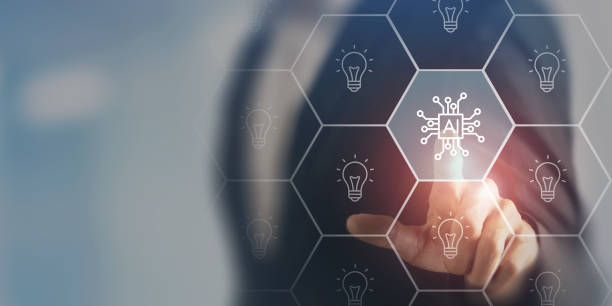 Using AI to generate business ideas. Artificial intelligence tool help business to identify potential opportunities for new products or services, creative ideas or content. AI adoption for business.