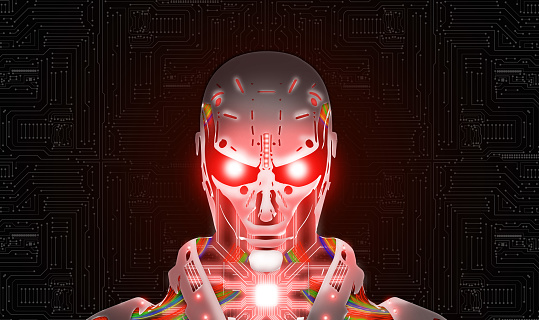 AI is a threat to humans. Artificial Intelligence, godlike, has the potential to destroy the human race and extinction risk. Robots with red eyes look at you on an electronic circuit background.