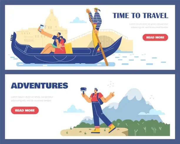 Vector illustration of Set of vector banners couple sailing on gondola, taking selfie against of the architecture of Venice, Man makes video cal on mountains