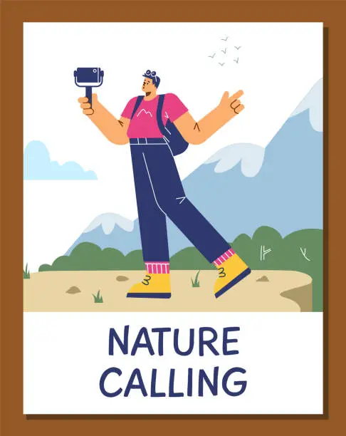 Vector illustration of Vector illustration in frame of traveling person takes a selfie, making video call on cliff against of mountains and trees